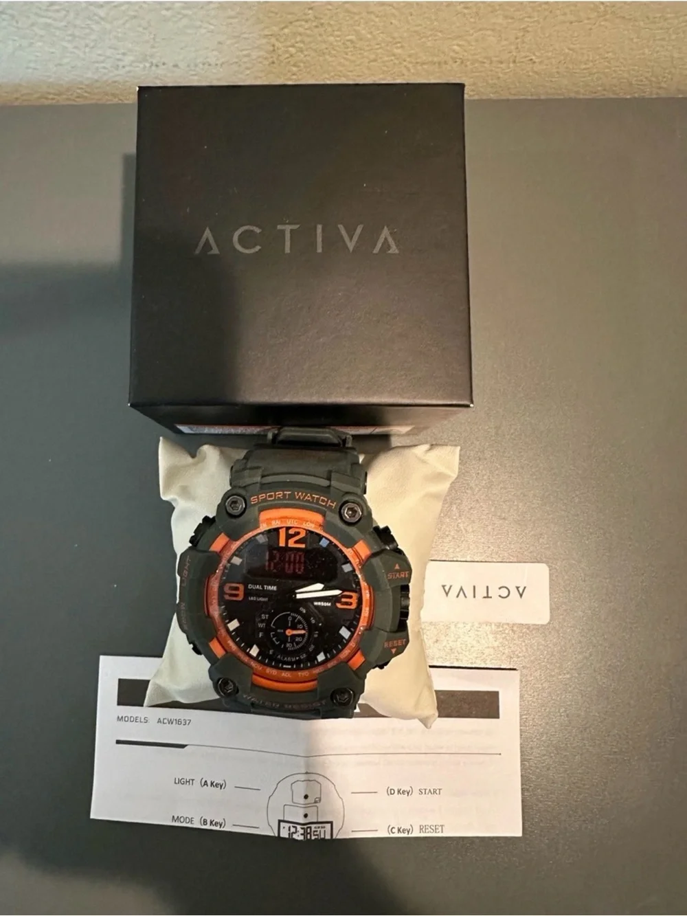 Activa Men’s Sport Watch Black Orange Dual Time Digital Analog NWT